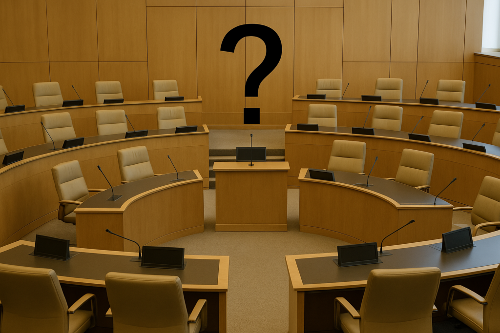 Photographie d’un hémicycle régional vide avec un point d’interrogation symbolisant le questionnement sur l’utilité du CESER.